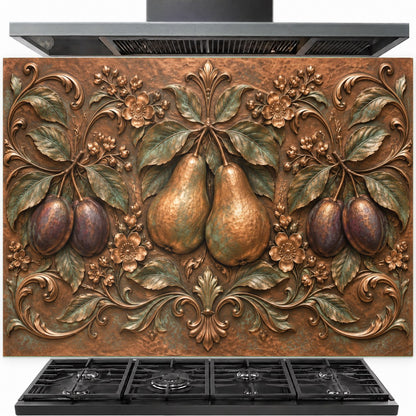 Pear and plum tempered glass kitchen backsplash panel installed behind a stainless steel gas stove