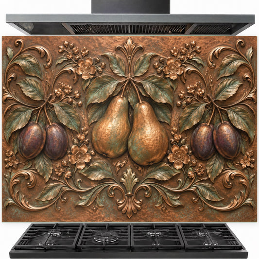 Pear and plum tempered glass kitchen backsplash panel installed behind a stainless steel gas stove