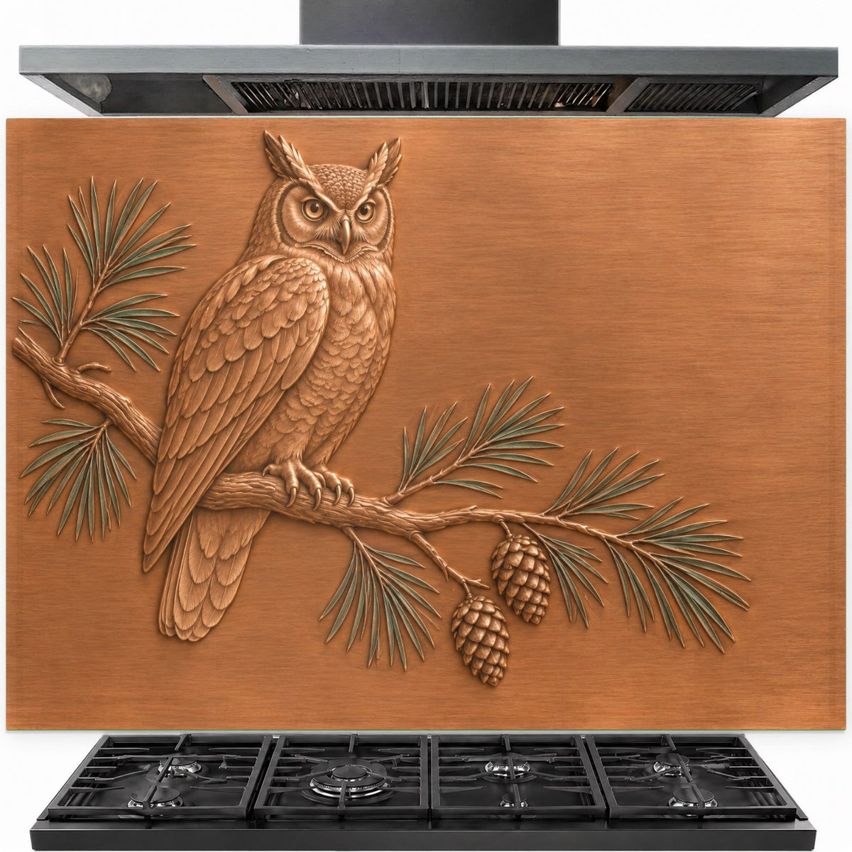 Pine Owl tempered glass backsplash installed behind a stainless steel kitchen stove