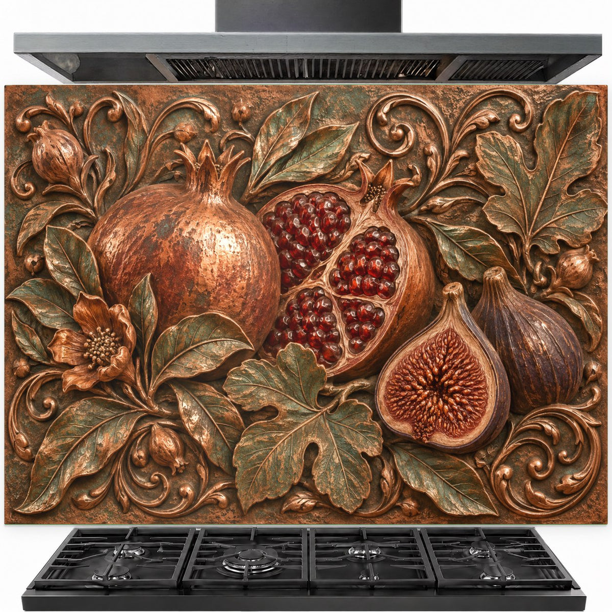 Pomegranate Fig tempered glass kitchen backsplash panel installed behind a gas stove
