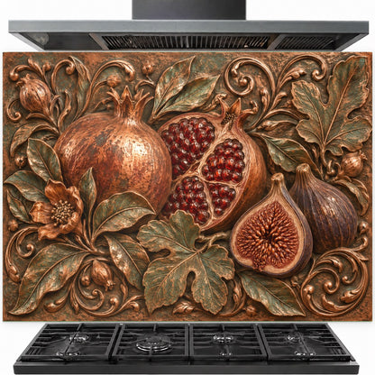 Pomegranate Fig tempered glass kitchen backsplash panel installed behind a gas stove