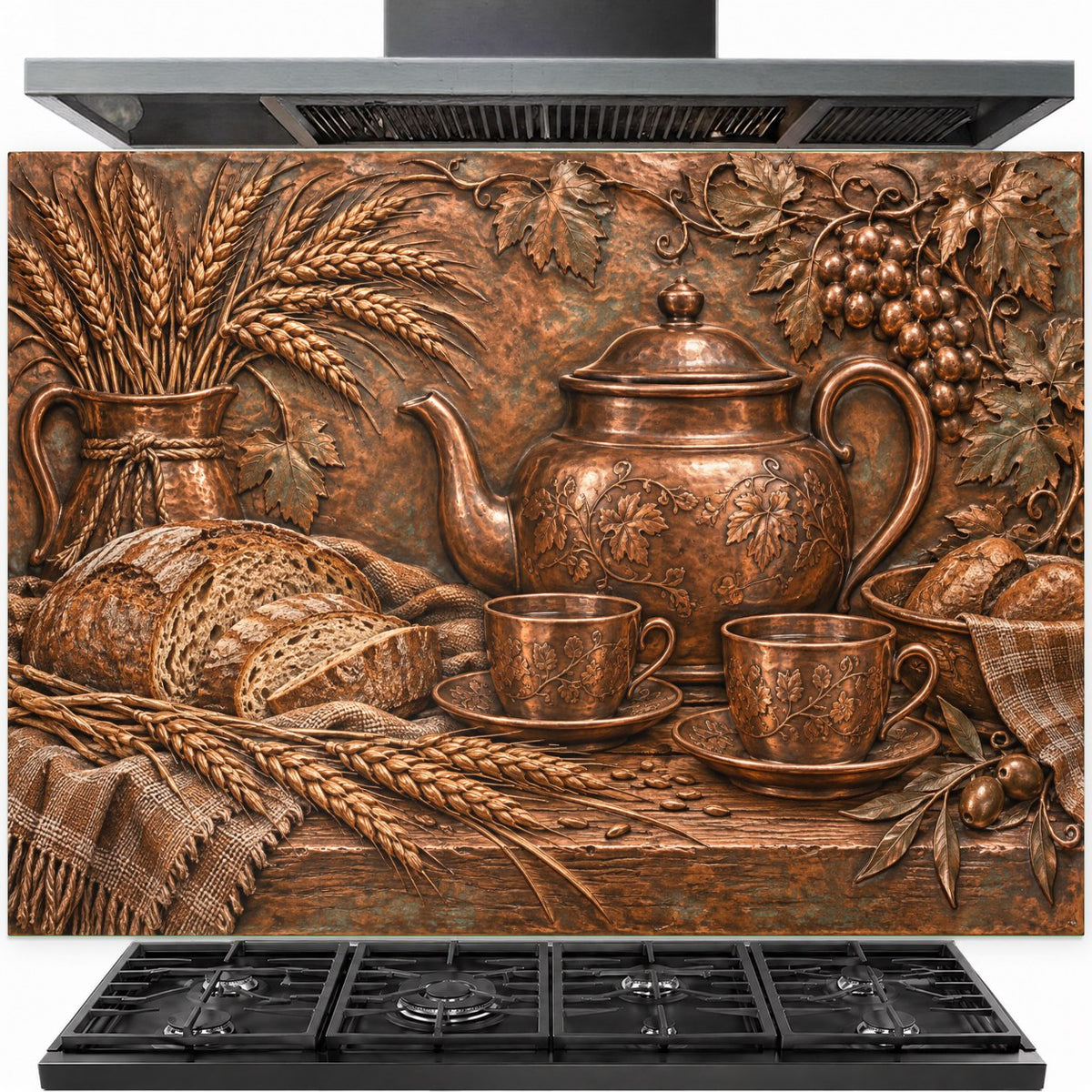 Rustic Teatime tempered glass backsplash installed behind a modern gas stove in a farmhouse kitchen