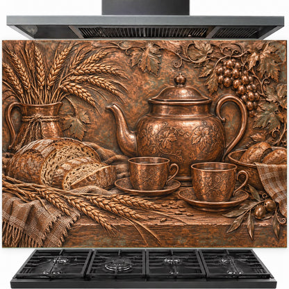 Rustic Teatime tempered glass backsplash installed behind a modern gas stove in a farmhouse kitchen