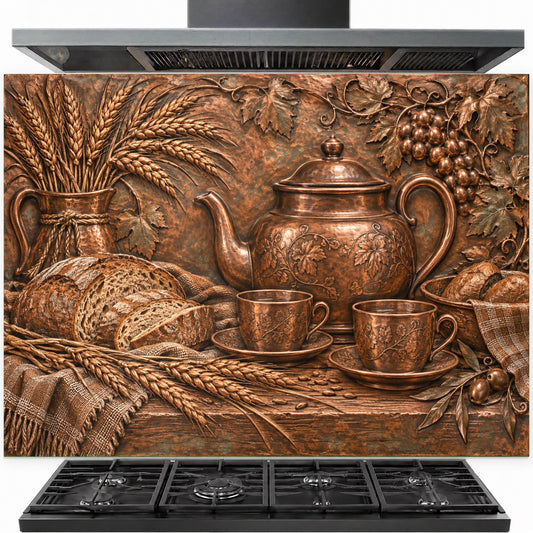 Rustic Teatime tempered glass backsplash installed behind a modern gas stove in a farmhouse kitchen