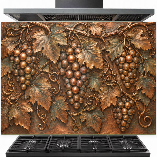 Vineyard Grapes tempered glass backsplash installed behind a modern stainless steel gas stove