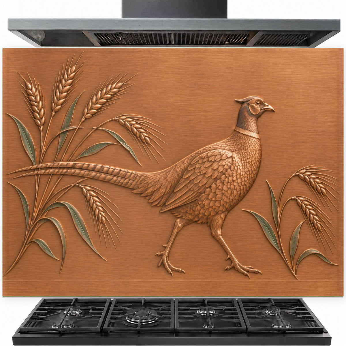 Wheat Pheasant tempered glass backsplash behind a stainless steel stove
