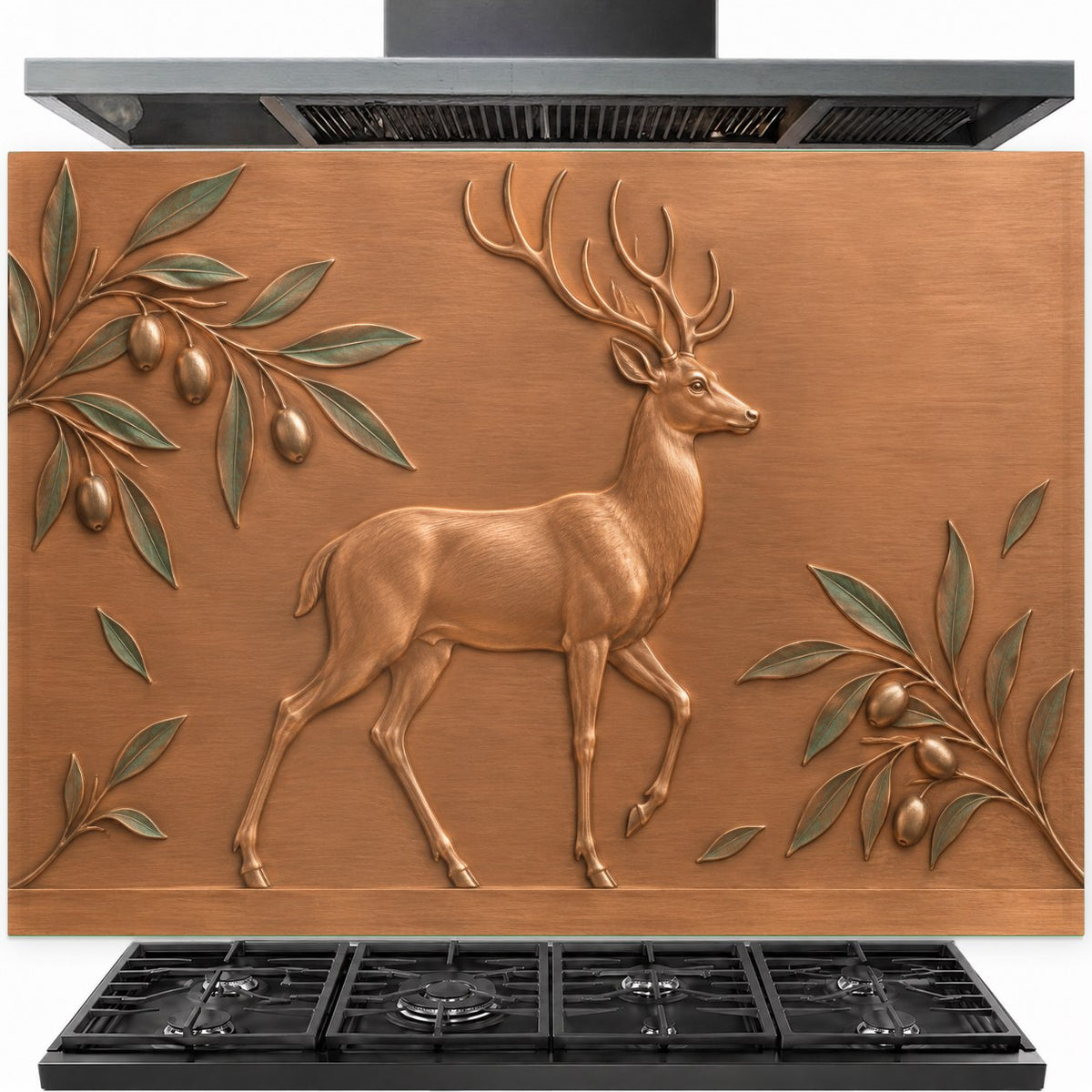 Woodland Stag tempered glass backsplash installed behind a modern gas stove
