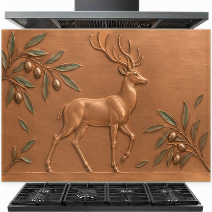 Woodland Stag tempered glass backsplash installed behind a modern gas stove