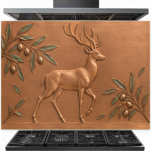 Woodland Stag tempered glass backsplash installed behind a modern gas stove