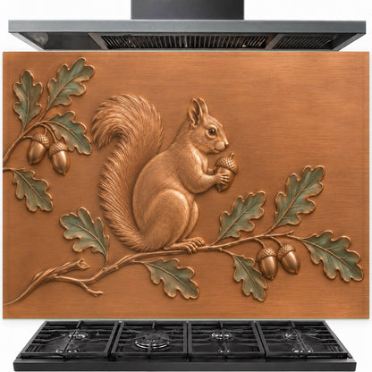 Acorn squirrel tempered glass backsplash installed behind a modern gas stove in a cozy rustic kitchen.