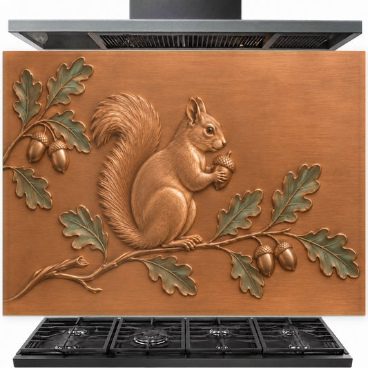 Acorn squirrel tempered glass backsplash installed behind a modern gas stove in a cozy rustic kitchen.