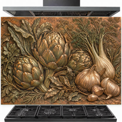 Artichoke garlic tempered glass backsplash installed behind a modern gas stove