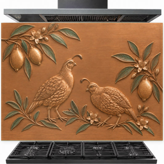 Citrus Quail tempered glass backsplash installed behind a modern gas stove