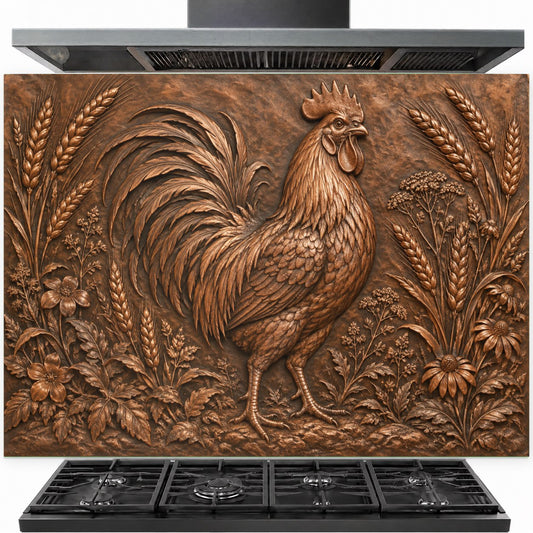 Farmhouse rooster tempered glass backsplash installed behind a kitchen gas stove