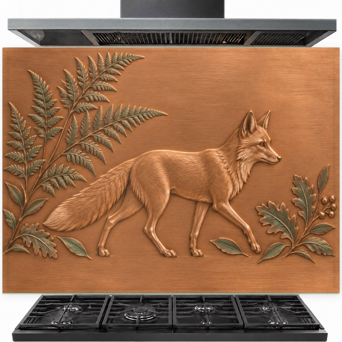 Fern Fox tempered glass backsplash panel installed behind a modern gas stove in a farmhouse kitchen.