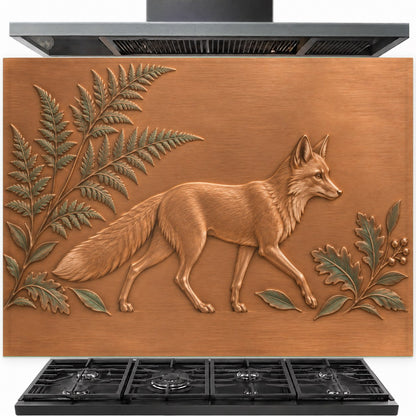 Fern Fox tempered glass backsplash panel installed behind a modern gas stove in a farmhouse kitchen.