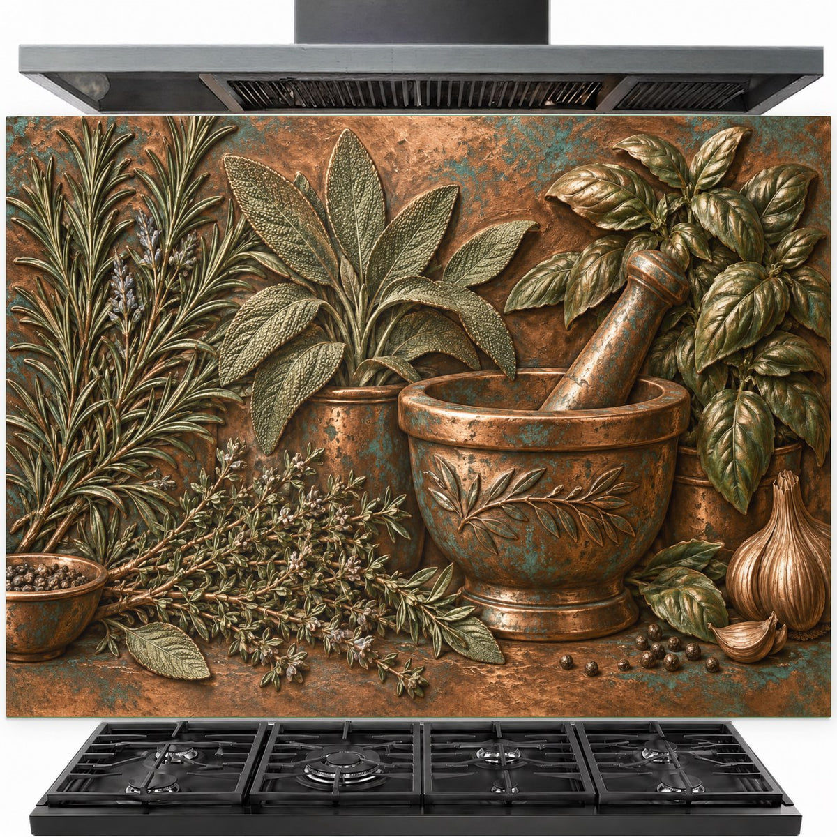 Herb mortar tempered glass backsplash installed behind a modern kitchen stove