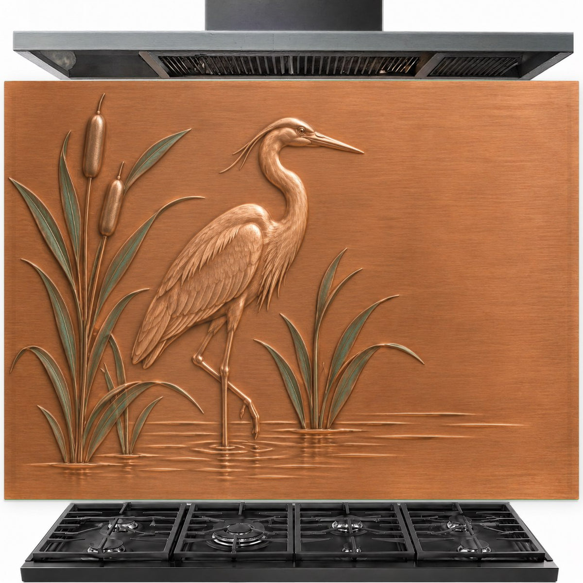 Heron Marsh tempered glass backsplash installed behind a stainless steel kitchen stove