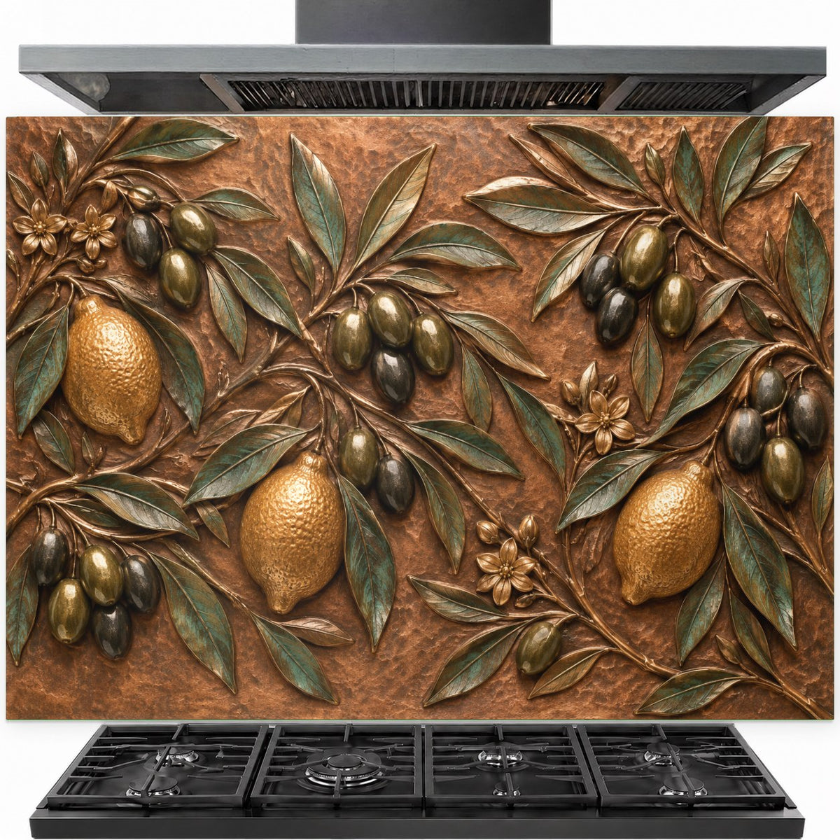 Lemon olive tempered glass backsplash panel installed behind a gas stove in a bright modern kitchen