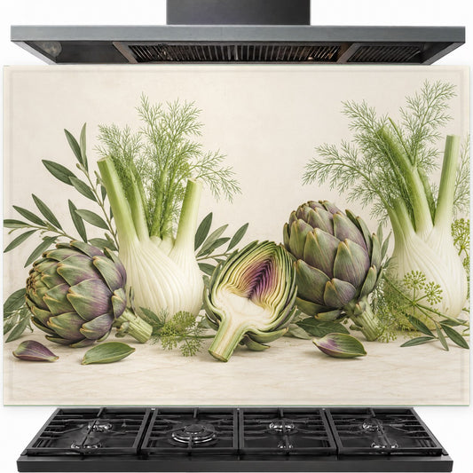 Artichoke Fennel tempered glass backsplash installed behind a stainless steel kitchen stove