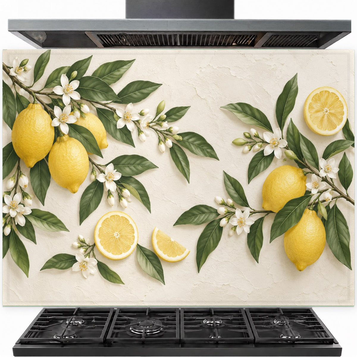 Lemon Blossom tempered glass backsplash installed behind a modern gas stove