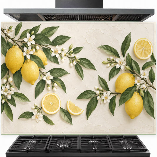 Lemon Blossom tempered glass backsplash installed behind a modern gas stove