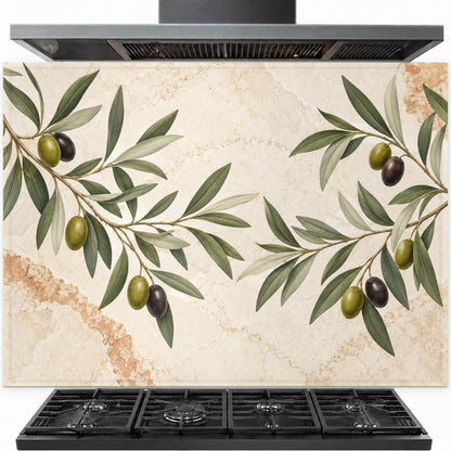 Olive branch tempered glass backsplash installed behind a modern stainless steel gas stove