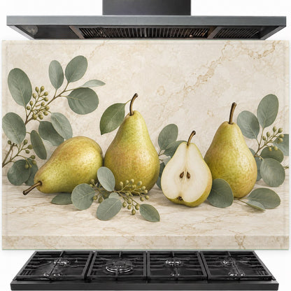 Pear Eucalyptus tempered glass backsplash installed securely behind a stainless steel kitchen stove