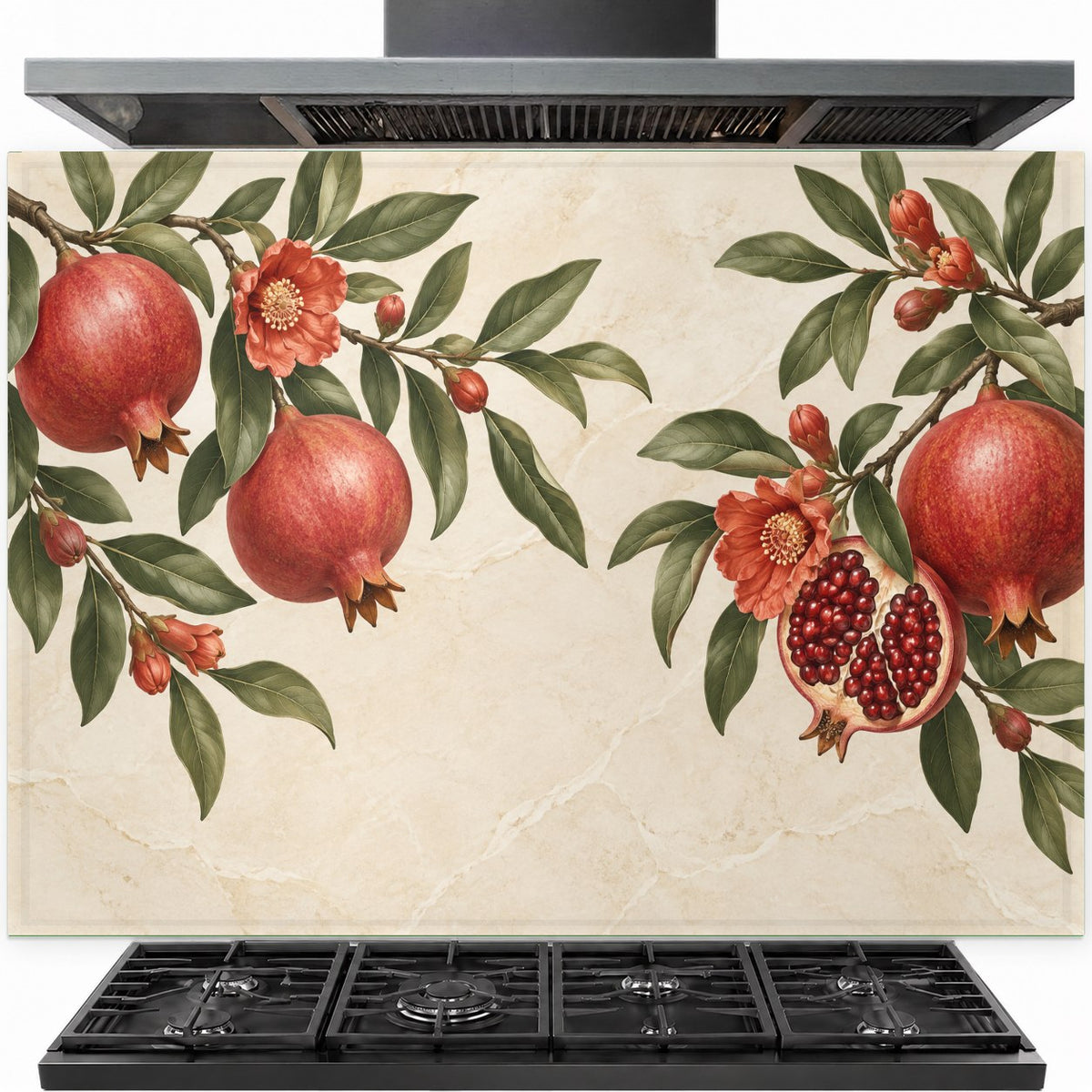 Pomegranate branch tempered glass backsplash installed behind a modern kitchen stove