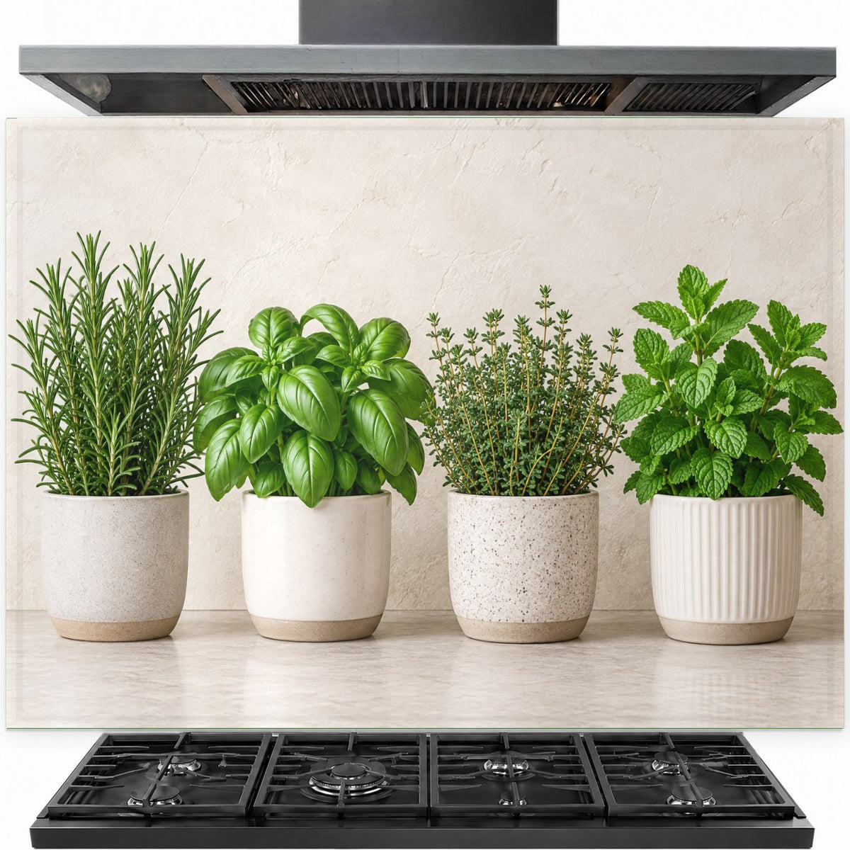Potted herbs tempered glass backsplash installed behind a modern gas stove