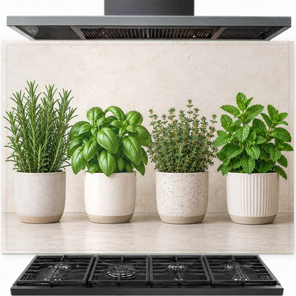 Potted herbs tempered glass backsplash installed behind a modern gas stove