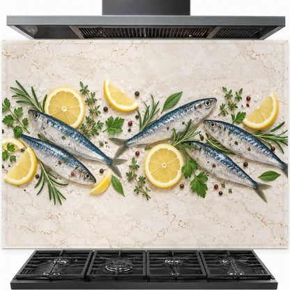 Sardine Lemon tempered glass backsplash installed securely behind a stainless steel kitchen stove