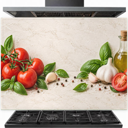 Tomato Basil tempered glass backsplash installed behind a modern stainless steel gas stove