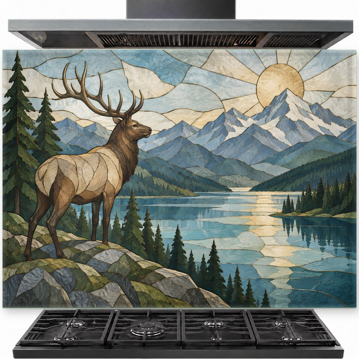 Elk River tempered glass backsplash installed behind a professional gas stove in a rustic cabin kitchen.