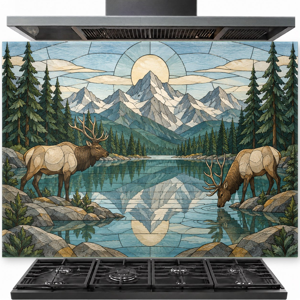 Deer mountain river tempered glass backsplash installed behind a professional gas range cooktop in a rustic kitchen.