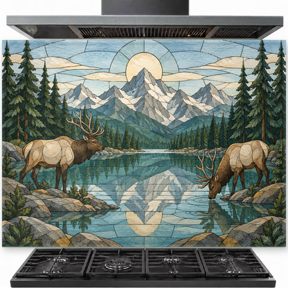 Deer mountain river tempered glass backsplash installed behind a professional gas range cooktop in a rustic kitchen.