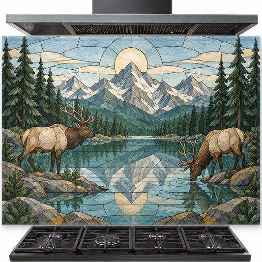 Deer mountain river tempered glass backsplash installed behind a professional gas range cooktop in a rustic kitchen.