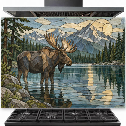Elk Mountain River glass kitchen backsplash installed behind a stainless steel gas stove