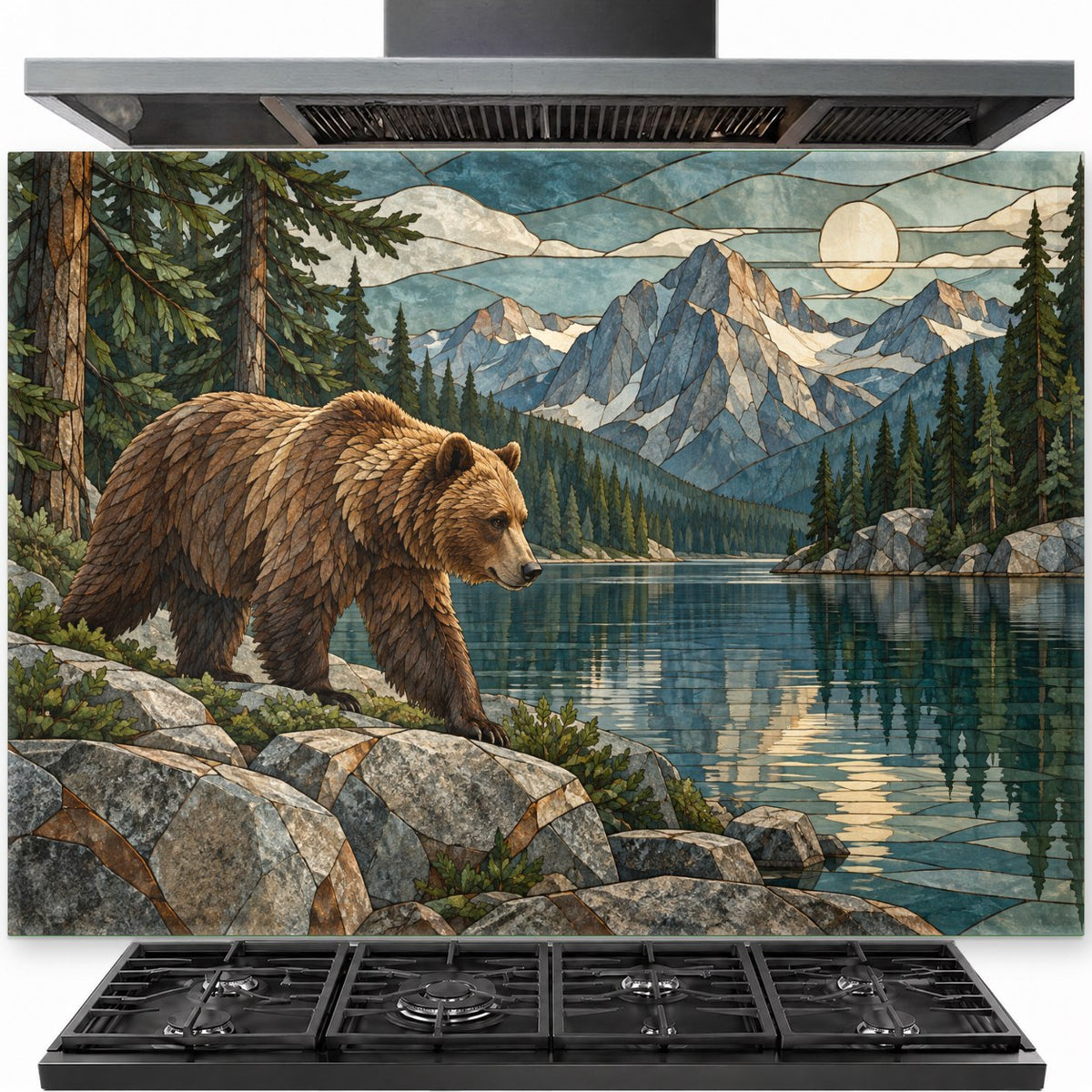 Rustic mountain bear tempered glass backsplash installed behind a gas stove in a cozy log cabin kitchen.