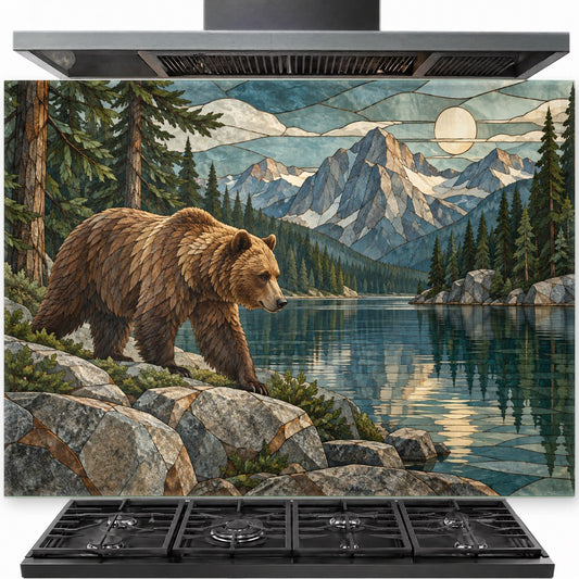 Rustic mountain bear tempered glass backsplash installed behind a gas stove in a cozy log cabin kitchen.