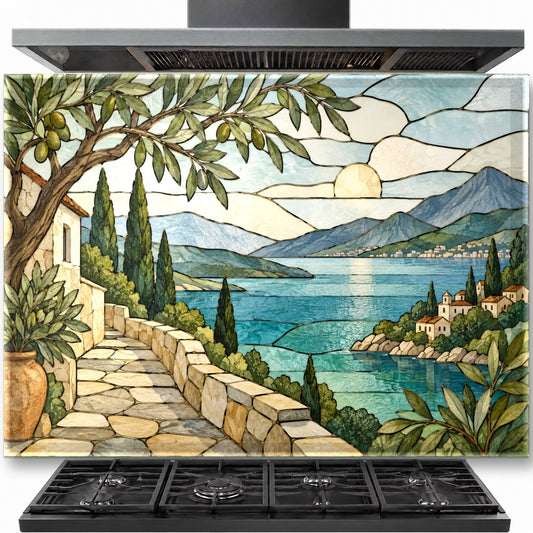 Coastal Stained tempered glass backsplash installed behind a kitchen gas stove