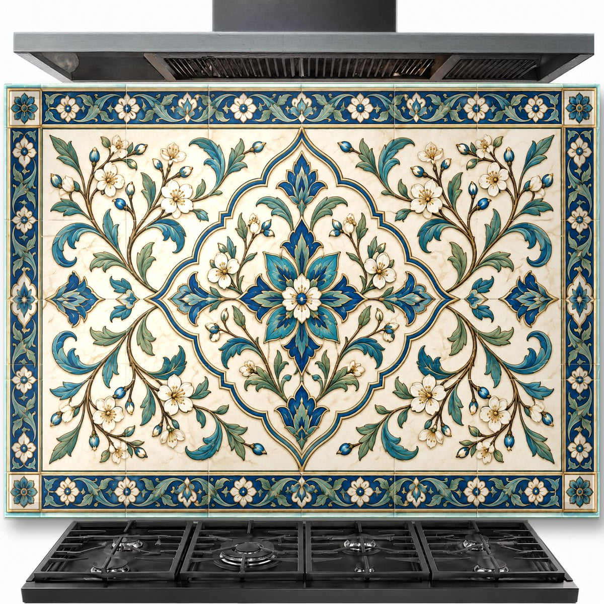 Tile look tempered glass backsplash panel installed behind a stainless steel gas range cooktop in a modern kitchen.