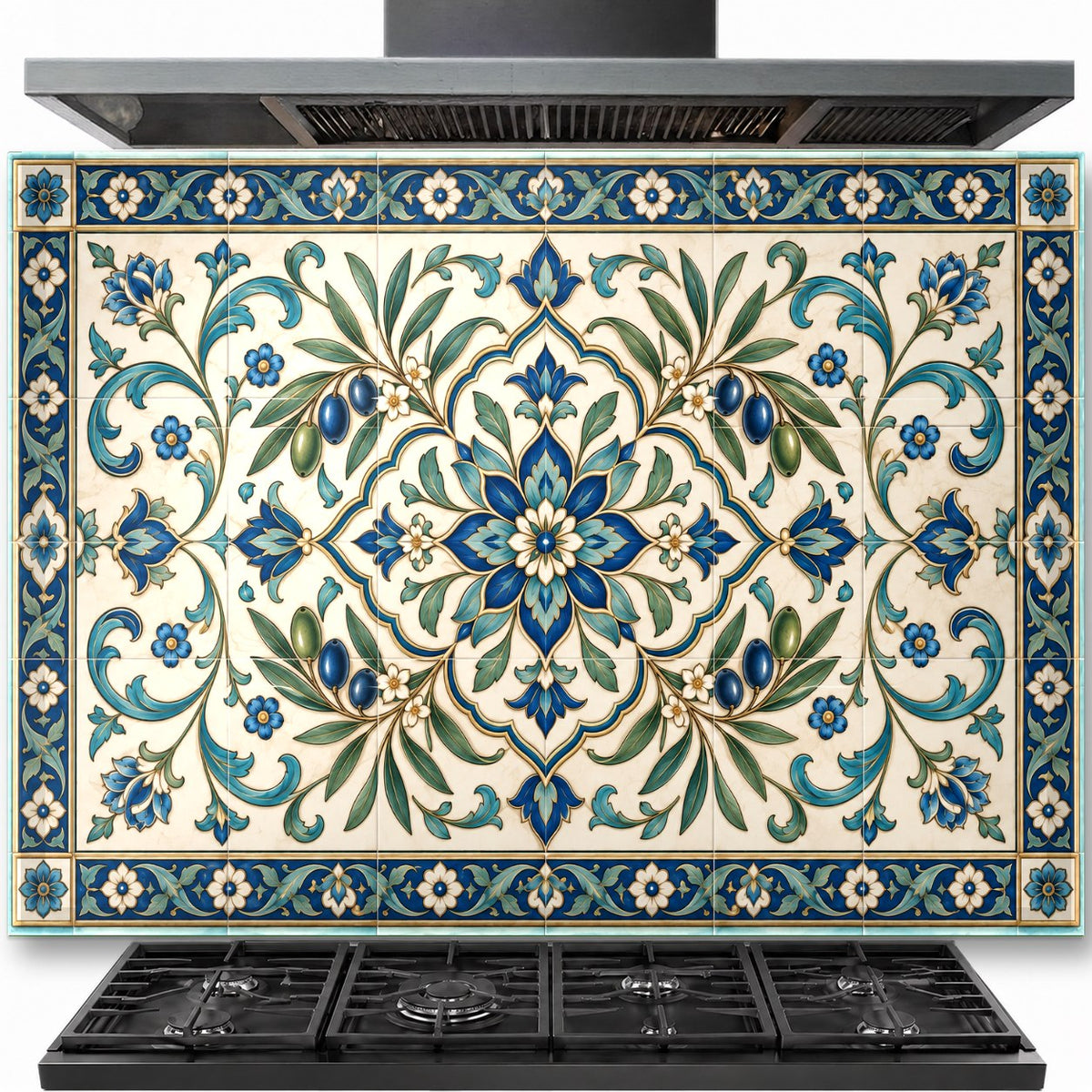 Rustic Harmony Tile tempered glass backsplash installed behind a modern kitchen stove
