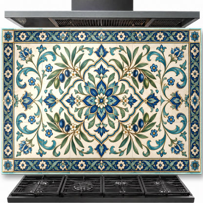 Rustic Harmony Tile tempered glass backsplash installed behind a modern kitchen stove