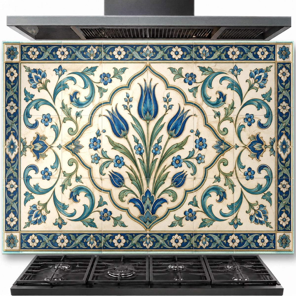 Anatolian tile tempered glass backsplash installed behind a stainless steel kitchen stove