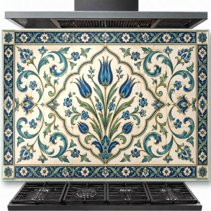 Anatolian tile tempered glass backsplash installed behind a stainless steel kitchen stove