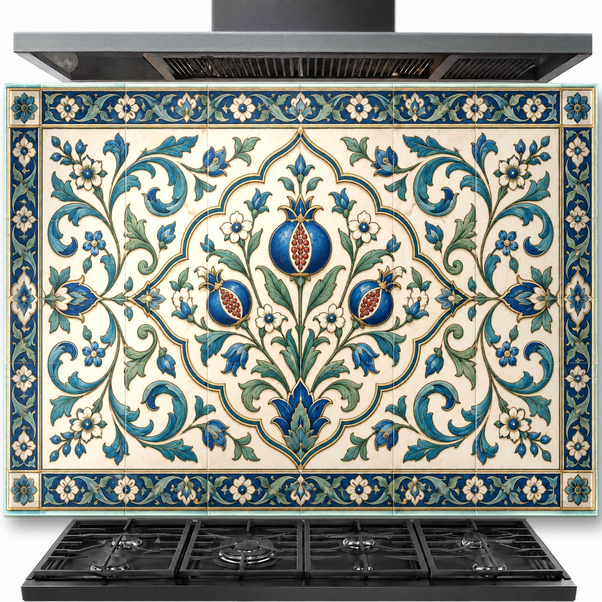 Serene Grove tempered glass backsplash installed behind a modern gas stove in a bright farmhouse kitchen.