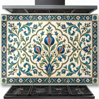 Serene Grove tempered glass backsplash installed behind a modern gas stove in a bright farmhouse kitchen.