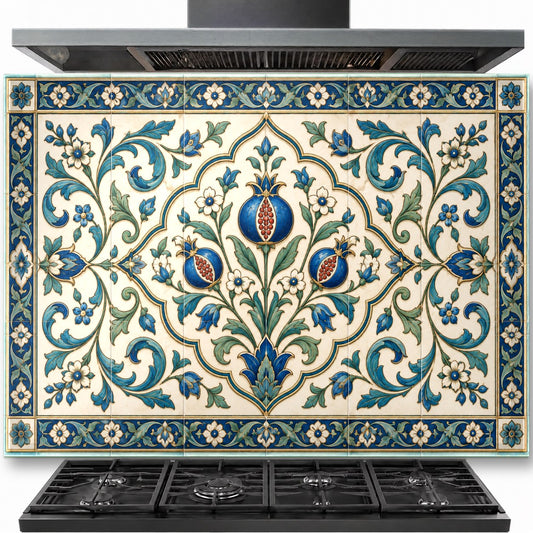 Serene Grove tempered glass backsplash installed behind a modern gas stove in a bright farmhouse kitchen.