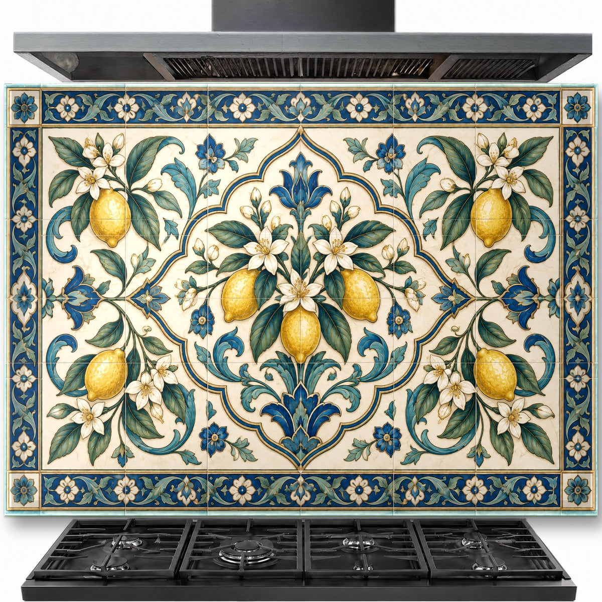 Lemon Tile tempered glass backsplash installed behind a gas stove